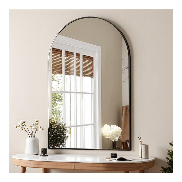FONTOI 38"L x 26"W Arched Wall Mirror with Metal Frame Arched Design for Bedroom Entryway Hallway Living Room Bathroom and Modern Spaces, Black