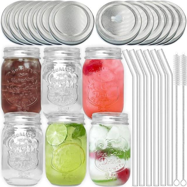 Pinkrella Mason Drinking Jars - Glass Mugs WITHOUT handle 6 pack, Mason Jars With Sealed & Straw Lids, Glass Straws, & Cleaning Brushes, Drinking Glasses, Glass Mason Jar Mugs 16 oz