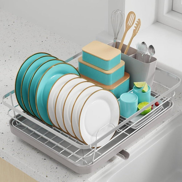 Sakugi Dish Drying Rack - Stainless Steel Dish Rack with Drainboard for Kitchen Counter and Sink, 12.0''W x 15.6''L, Silver