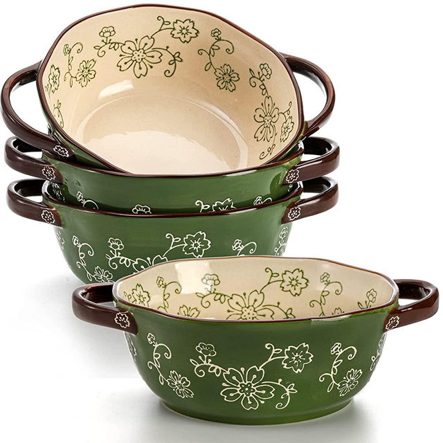 AVLA 4 Pack Ceramic Soup Bowls, 22 Ounces Porcelain Serving Bowl Set with Double Handle, Large Ceramic Crocks for French Onion Soup, Stew, Pasta, Cereal, Pot Pies ( Green )