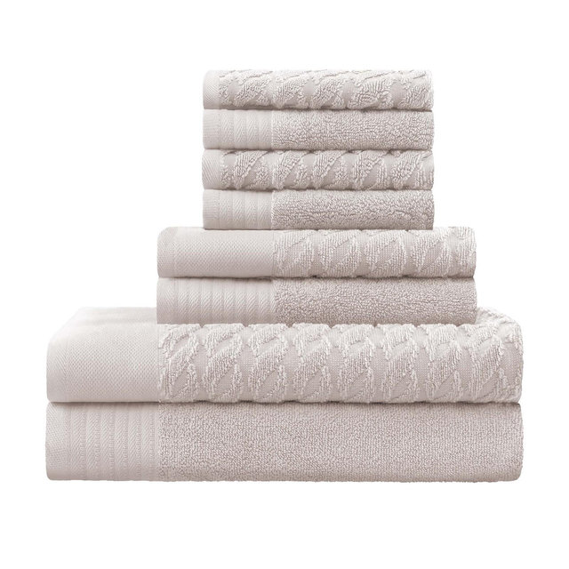 Premium Cotton Solid, Herringbone Jacquard Medium Weight 8-Piece, Bathroom Towel Set, Ivory - Blue Nile Mills