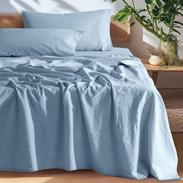 SONORO KATE 100% French Pure Linen Sheets, Breathable and Durable Line Queen Size Sheets, Anti-Tear Line Bed Sheets, Machine Washable, 16 Inch Deep Pocket - 4 Piece (Dusty Blue, Queen)