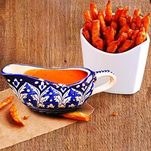 NatureBoost Blue pottery Gravy Boat 1 UNIT, Handcrafted Decorative Sauce Holder Gravy Bowl. 9cm, 12 cm. Unique Gift idea. Home Decor