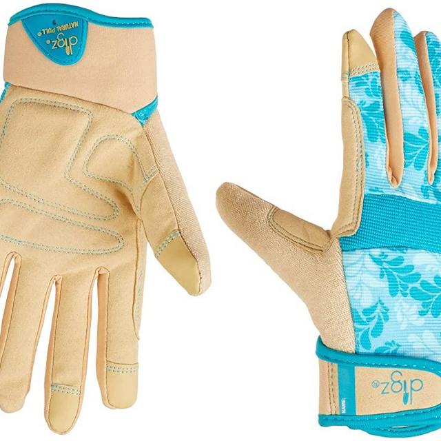 DIGZ Gardener High Performance Women's Gardening Gloves and Work Gloves with Touch Screen Compatible Fingertips, Blue Leaves Pattern, Medium