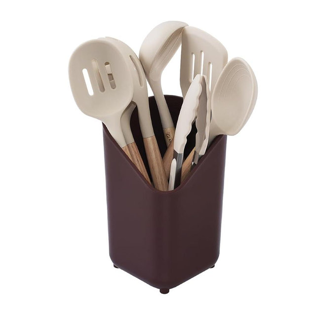 Glad Silicone Kitchen Utensils Set, 8pcs - Nonstick Cooking Tools with Wooden Handles and Utensil Holder - Spatula Set with Turner, Ladle, Spoons, Tongs, and Spaghetti Server - Beige