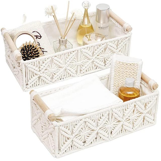 Macrame Storage Basket Boho Decor Baskets for Organizing Woven Decorative Basket for Countertop Toilet Paper Basket for Toilet Tank Top Shelf Basket with Handle for Bathroom Decor Bedroom Nursery Livingroom Entryway (Set of 2)