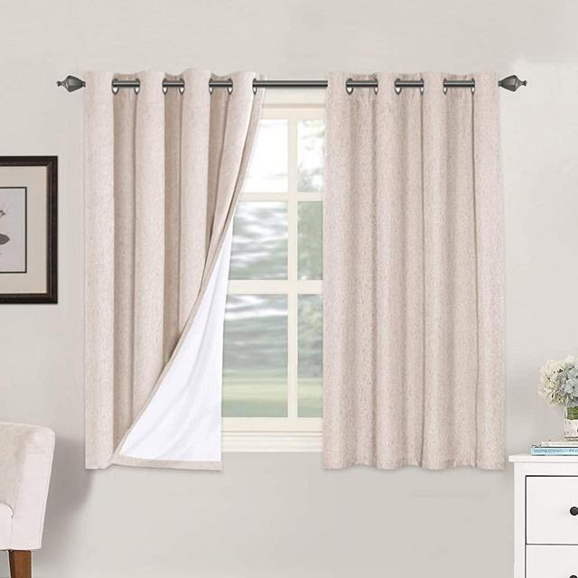 Linen Blackout Curtains 54 Inches Long 100% Total Blackout Heavy-Duty Draperies for Bedroom Living Room Thermal Insulated Textured Functional Window Treatment Anti Rust Grommet (Natural, 2 Panels)