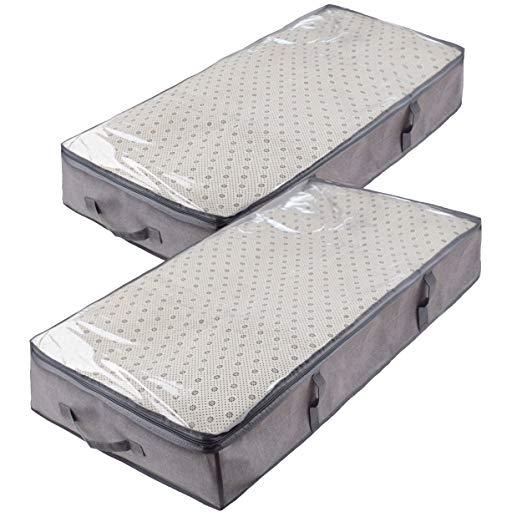 Zippered Underbed Storage Bag,Breathable Clothes Blanket Storage Bag for Comforter and Quilt,Tidy Up Your Closet,Shelves,with Clear Window,Dual Zippers,4 Strong Handles Set of 2 Grey