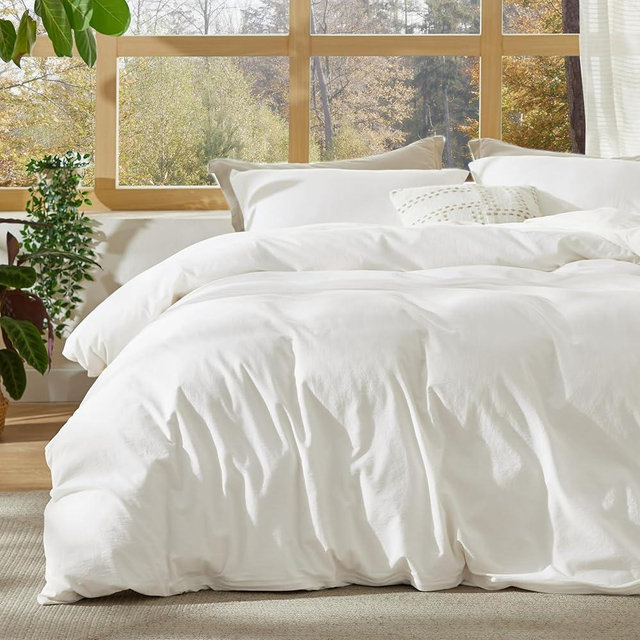 Bedsure 100% Stone Washed Cotton Duvet Cover Queen - White Minimalist Cotton Duvet Cover Linen Like - 3 Pieces GentleSoft™ Plain Simple Bedding Set with 2 Pillow Shams (White, Queen, 90"x90")