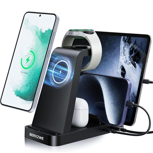 BERXZWE Wireless Charger for Samsung Charging Station, 5 in 1 Wireless Fast Charger for Galaxy S25 Ultra/S24 Ultra/S23/S22, Watch Ultra 7/6/5/4/3, Charger Dock Stand for All Galaxy Tab Series,Black