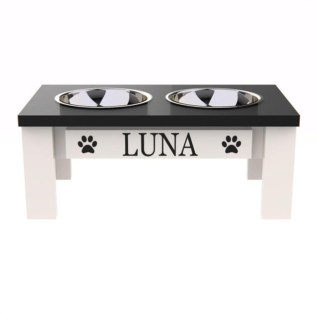 GrooveThis Woodshop Luxury Pet Feeder - Elevated Stand with Stainless Steel Bowls for Small Dogs & Cats, Anti-Slip, Easy Clean, Chic & Durable Design (Small, Black)
