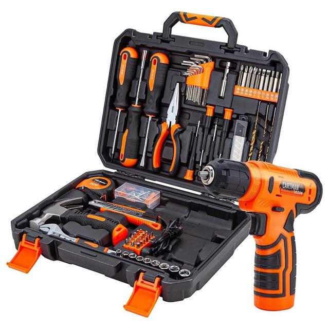CARTMAN 150-Piece Household Tool Set with 8V Cordless Drill Driver Kit, Complete Hand Tool Set for Home Maintenance, DIY Projects, Orange
