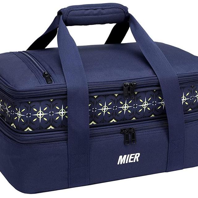 MIER Insulated Double Casserole Carrier Bag Thermal Lunch Tote for Lasagna Lugger, Potluck Parties, Picnic, Beach, Fits 9 x 13 Inches Baking Dish, Casserole Dish, Expandable, Deep Blue
