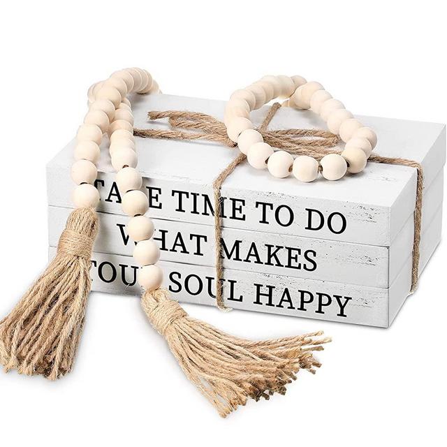 3 Pieces Decorative White Books Faux Books for Decoration Wood Fake Book Stacks Rustic Farmhouse Decor with Twine, Wood Bead Garland with Tassels 58 Inch (Take Time to do, What Makes, Your Soul Happy)