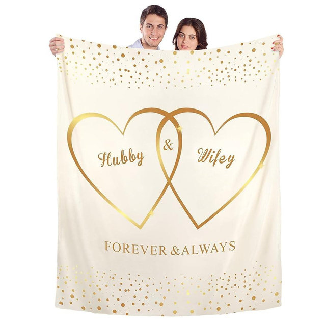Ganeen Hubby and Wifey Throw Blanket Valentine's Day Gifts for Couples Polyester Throw Blanket Wedding Gift for Newlywed Couples Wedding Engagement, 60" x 50"(Beige, Romantic)