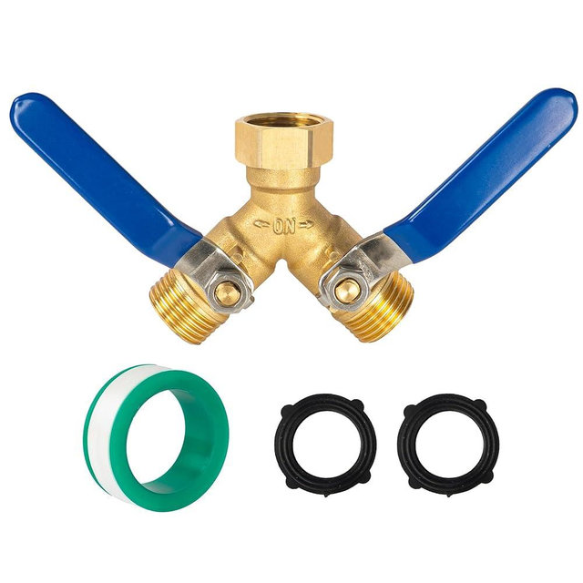 Hourleey Brass Garden Hose Splitter, Y Valve Splitter with Stainless Steel Long Handle, Heavy Duty 2 Way 3/4" GHT Thread Water Garden Hose Adapter