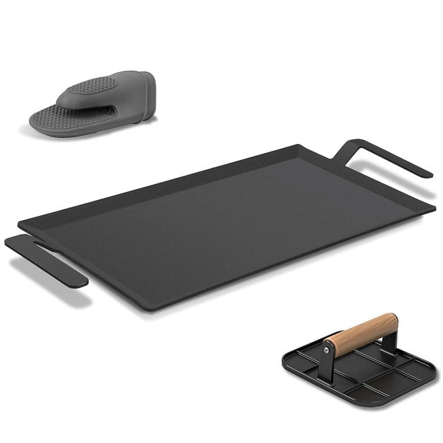 Carbon Steel Griddle Comes with Grill Press, Double Burner Griddle for Gas Stove, Electric Range, Outdoor Gas Grill, Induction, and Oven, Pre-seasoned Nitride Coating Compatible with Made in