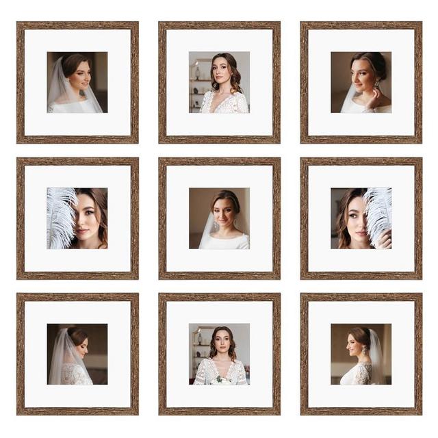 BSRHOME 10x10 Picture Frame Set of 9, Display Pictures 8x8 with Mat or 10x10 without Mat, Multi Collage Gallery Square Photo Frames for Wall or Tabletop,Distressed Brown