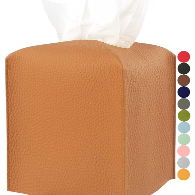 Tissue Box Holder Tissue Cover – Square Faux Leather Tissue Box Cover with Bottom Belt [JESMINI, Camel Brown] Tissues Cube Box Cover for Bathroom/Night Stands/Office