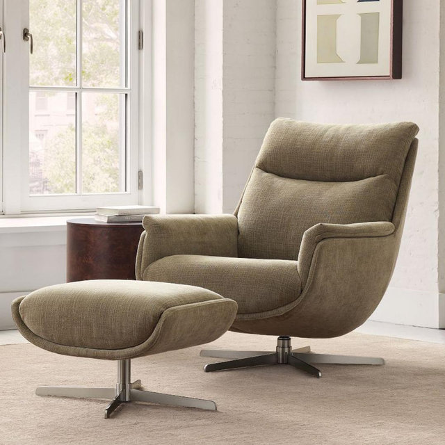 Bowden Swivel Chair & Ottoman Set - Performance Yarn Dyed Linen Weave Light Sand, Brushed Nickel