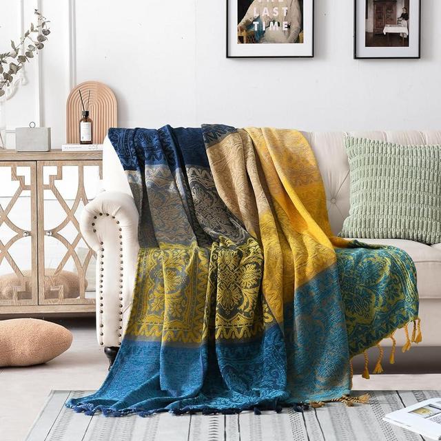 Edcooy Bohemian Throw Blanket for Couch，Colorful Chenille Tassels Boho Woven Hippie Throw Blankets for Couch Bed Sofa Chair Recliner Loveseat, Bohemian Fringe Tassels Decor Home(Blue, S:60x75)