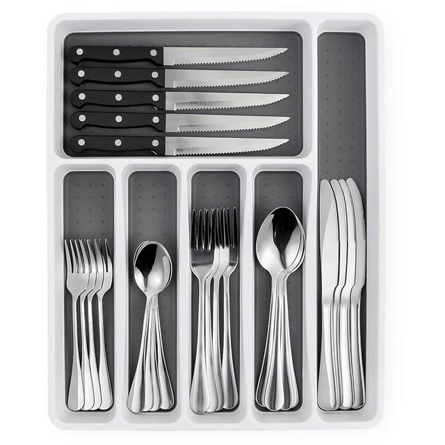 49 Piece Silverware Set with Organizer - Stainless Steel Cutlery Set for 8, kitchen Utensil Flatware with Steak Knives, Spoons and Forks, Dishwasher Safe, Rust-proof & Mirror Polished