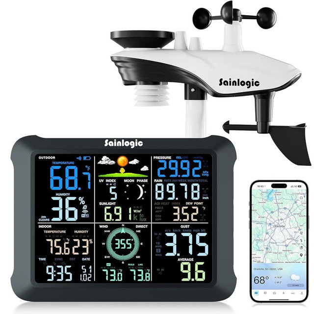 Sainlogic WiFi Smart Weather Station SA9 with 24H/ 7Days Accurate Weather Forecast by Weatherseed® AI, 8.5" Large Display,UV,Sun Light,Rain Gauge,Wind Gauge,2-Year Data Storage & Export（Only 2.4G）