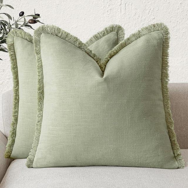 Foindtower Set of 2 Decorative Linen Fringe Throw Pillow Covers Boho Farmhouse Cushion Cover with Tassels Soft Accent Pillowcase for Couch Sofa Bed Living Room Home Decor,18×18 Inch,Light Sage Green