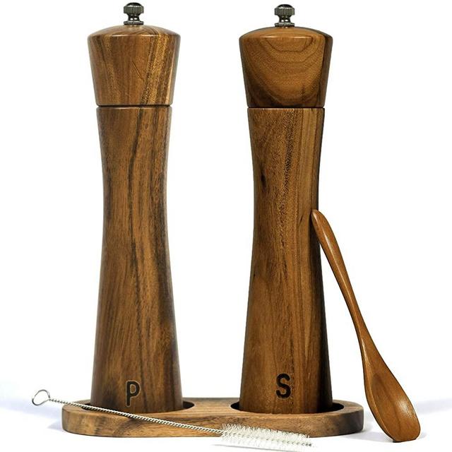 Finnhomy Salt and Pepper Grinder Set, Acacia Wood Adjustable Coarseness Pepper Mill with Wooden Stand, Cleaning Brush & Spoon, Pepper Grinder Refillable, 2 Pack Salt and Pepper Shakers, 8.5 Inches