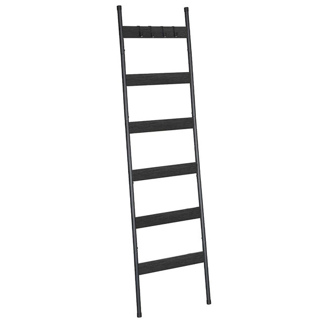 HOOBRO Blanket Ladder, 6-Tier Towel Rack with Hooks, Wall-Leaning Blanket Rack, Decorative Display Ladder Shelf, Scarves, Industrial, Living Room, Bedroom, Black BB66CJ01