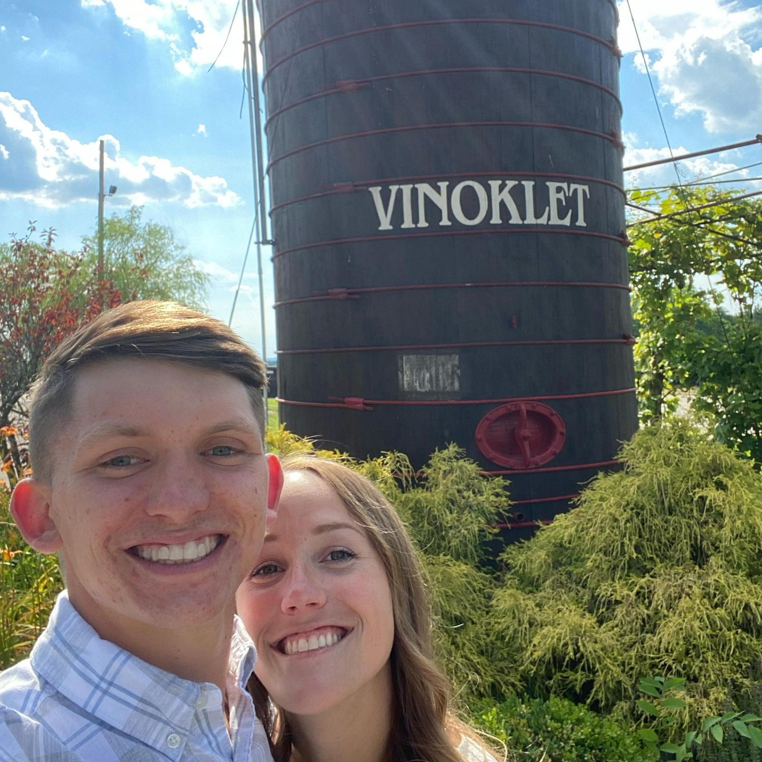 Selfie at Vinoklet the night of our engagement (Sam had no clue what was about to happen!!) June 2020