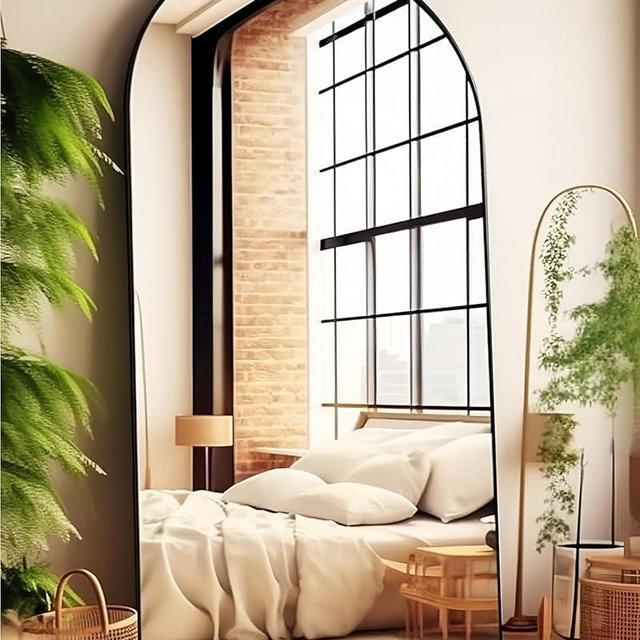 KOMCOTE Arched Floor Mirror - Full Length 76"x34", Oversized Wall Mirror for Bedroom & Living Room, Large Black Standing Mirror, Durable Framed Floor-Length Mirror