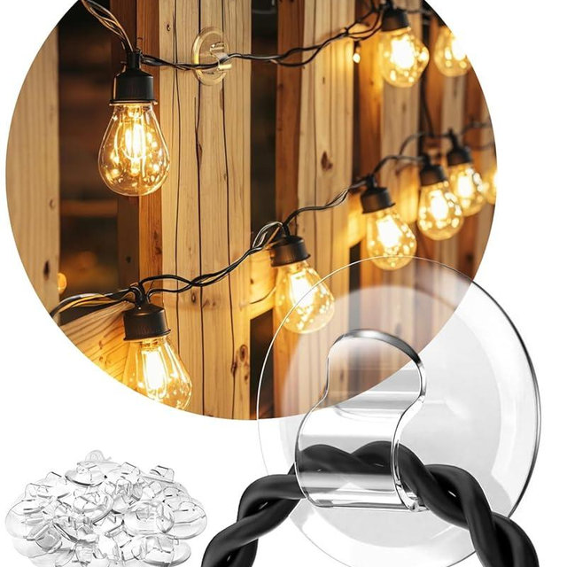 ispneay Light Clips for Outside String Lights: 24 Pack Adhesive Hooks for Outdoor String Lights - Outdoor Light Clips for Patio Balcony Fence - Rope Led Light Strip Christmas Decor Hooks
