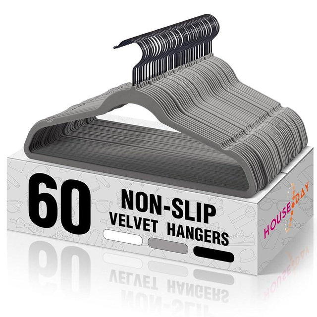 HOUSE DAY Grey Velvet Hangers 60 Pack, Non Slip Felt Hangers, Heavy Duty Velvet Clothes Hanger, Ultra Slim Hanger Space Saving, Perfect for Shirt, Suits, Pants