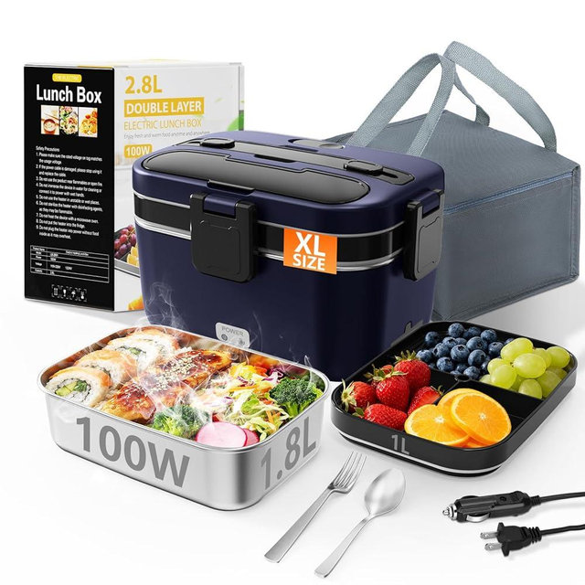 Electric Lunch Box for Adults, 2.8L Double Layer 100W Fast Heated Lunch Box, Heating Food Heater Warmer for Home Office Car Truck Use, Extra Large Lonchera Electrica Portátil 12/24V/110-230V, Blue