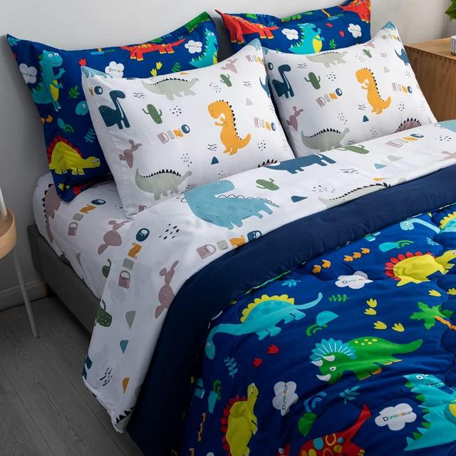 Wajade 7 Piece Kid Boys Dinosaur Comforter Set Full Size 3D Blue Dinosaur Wild Park Jungle Print Bedding Set with Comforter, Sheet Set, Pillowcase and Sham