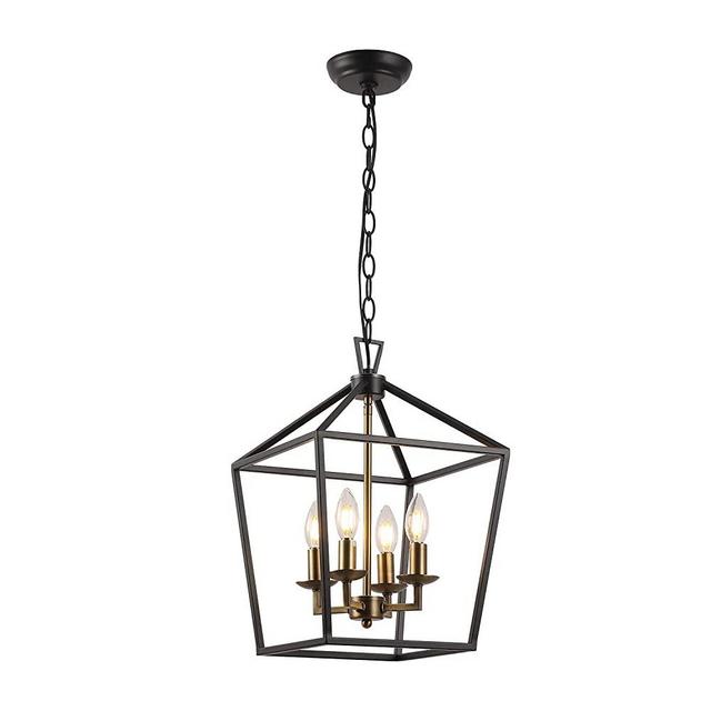 Farmhouse Lantern Chandelier ,4-Light Metal Adjustable Height Industrial Square Pendant Light,for Living Room,Kitchen Lsland,Hallway Foyer Hanging Lighting(Black+Gold)