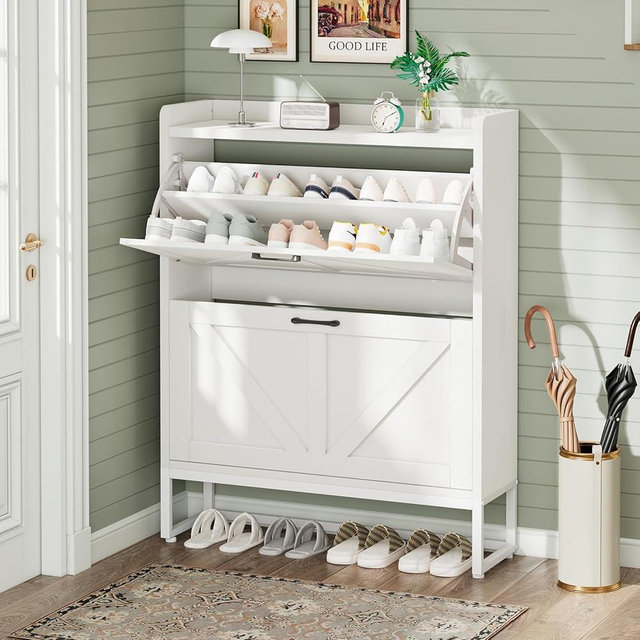 GRUSIGN Shoe Cabinet, Shoe Storage Cabinet with 2 Flip Drawers & Adjustable Shelf, Space-Saving Shoe Organizer – Holds 16+ Pairs, Narrow Shoe Cabinet Storage for Entryway/Hallway（White）