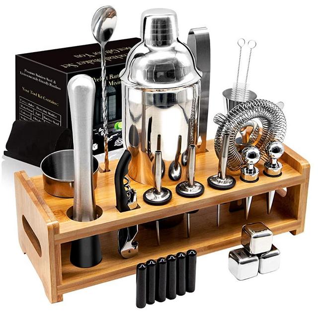26Pcs Stainless Steel Cocktail Bar Tool Set,Perfect Bar Accessories for Home Bar Set and Martini Mixer Kit with Bamboo Stand for Making Awesome Drink Mixing Experience Ideal Gift Set
