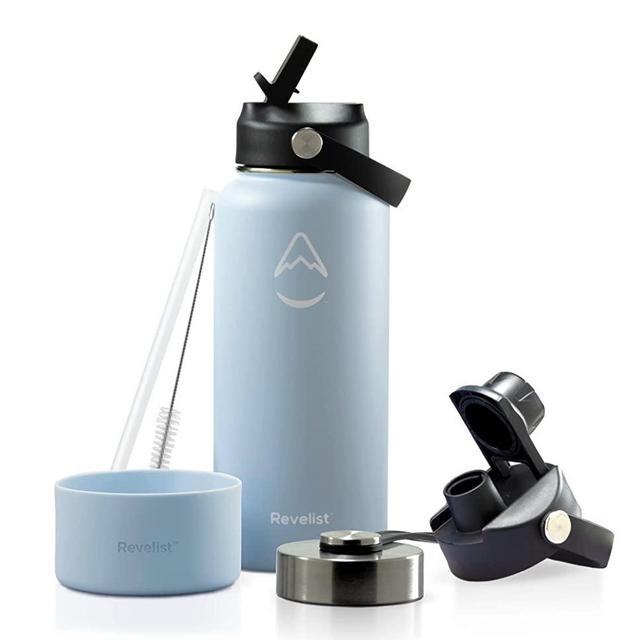 Revelist 32oz Insulated Water Bottle with Straw, Spout, and Stainless Steel Screw Top Lids - Mist Blue