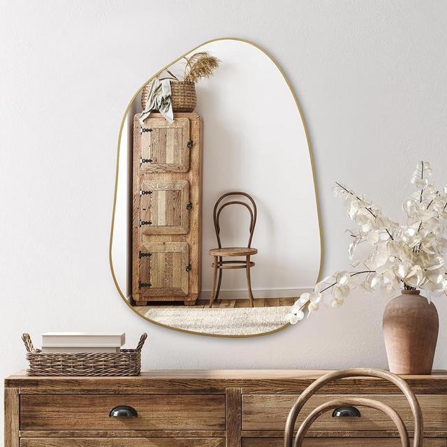 PERFNIQUE Irregular Wall Mirror Asymmetrical Mirror, Golden Wood Framed Mirror for Bathroom Bedroom Living Room Entryway, Decorative Modern Wall Decor, Wall Mounted Mirror (Gold, 28''x20'')