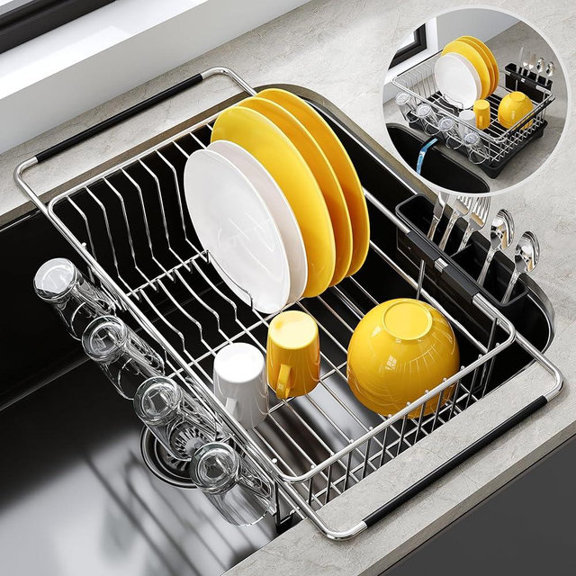 JASIWAY Sink Dish Drying Rack with Drainboard, Expandable Stainless Steel Dish Drainers for Kitchen Counter, Space Saving Dish Dryer Rack, Over The Sink Dish Racks with Utensil Holder, Silver