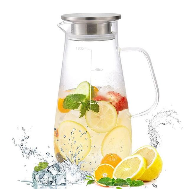 Glass Pitcher, 56oz/1600ml Water Pitcher with Stainless Steel Lid and Scale Line for Iced Tea & Juice, Homemade Drinks Glass Jug, Water Jug with Handle for Lemonade, Milk, Cold or Hot Beverage Carafe