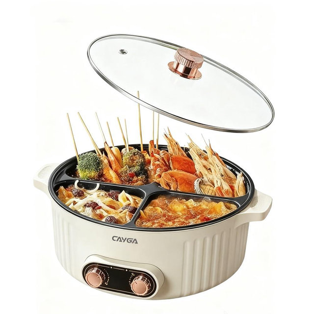 Electric Hot Pot Cooker with Divider, 4 Compartment Hotpot Pot, 2000W Shabu Shabu Pot Electric with Non-Stick, 5Qt Hot Pots for Indoor Cooking, Family Party