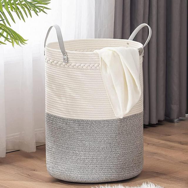 TECHMILLY Tall Laundry Basket, Large Woven Cotton Rope Dirty Clothes Hamper with Handle for Nursery, Bathroom, Bedroom - 72L