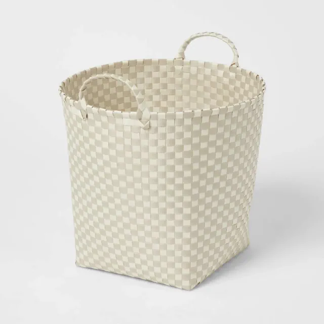 Woven Plastic Floor Basket Tan/White Checkered - Brightroom™