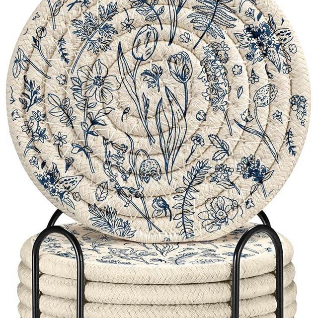 Kokaaee Cup Coasters for Drinks Absorbent - for Coffee Wooden Table Office Cute Farmhouse Outdoor Rustic Desk Kawaii Woven Women Soft Cloth Braided Fabric Floral Flower Coaster Set of 6 with Holder