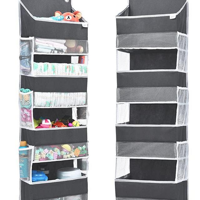 ULG Over Door Organizer with 4 Large Pockets 6 Mesh Side Pockets, 33 lbs Weight Capacity Hanging Storage Organizer with Clear Window for Bedroom Nursery, Kids Toys, Shoes, Diapers, Dark Grey (1 Pack)