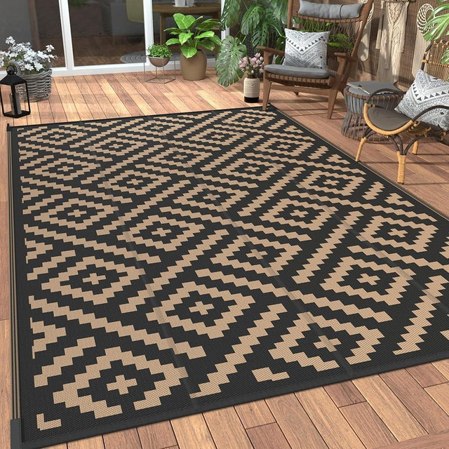 sarben Outdoor Rug Waterproof for Patio 5'x8', Reversible Indoor Outdoor Plastic Straw Camping Rug, Outside RV Mat Carpet, Large Area Rugs for Deck, Porch, Backyard, Balcony, Picnic, Black & Brown