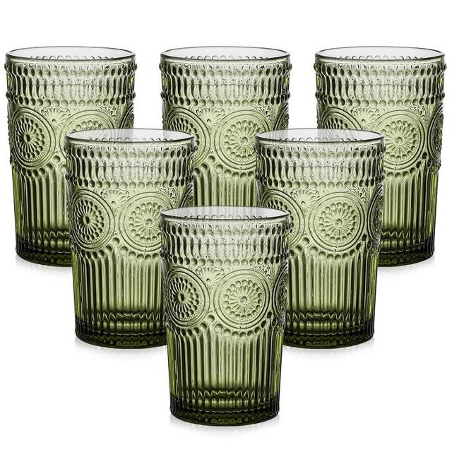 ZMOWIPDL Vintage Glassware Drinking Glasses Set of 6,13 oz Green Textured Flower Design Glass Water Tumblers，Embossed Striped Drinkware for Water,Cocktails,Juice,Iced Coffee